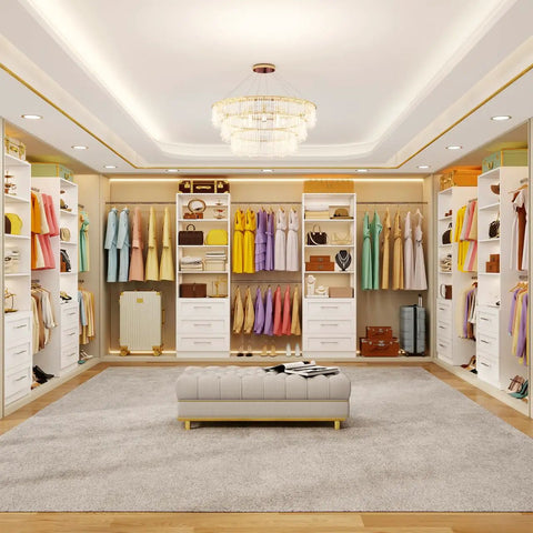 Slick Modular Closet Organizer System With Hella Flexible Span Up To Nine Feet Three Solid Drawers Four Reliable Hanging Rods And No Hassle Shelves For Walk In Closets White in stylish organized closet.