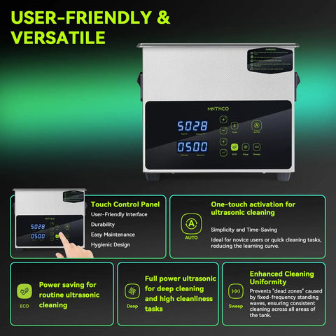 No Fuss One Touch Ultrasonic Cleaner With Heating Feature And Deep Clean Cycle A 3L Tank Eco Savvy Wash Unit touch control panel for easy use.