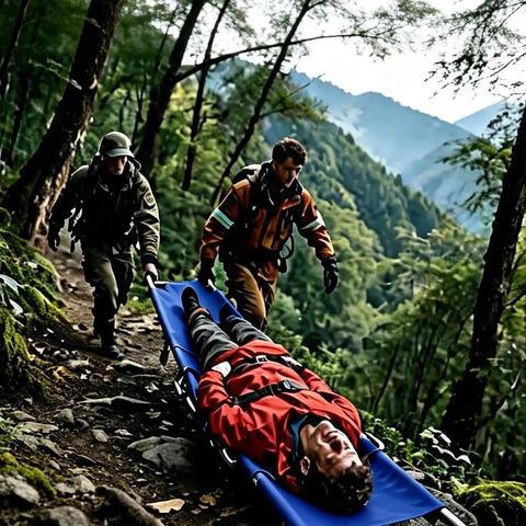 Rescue team using Heavy Duty Aluminum Folding Stretcher For Outdoor Rescue Rugged Portable First Aid Litter in forest setting