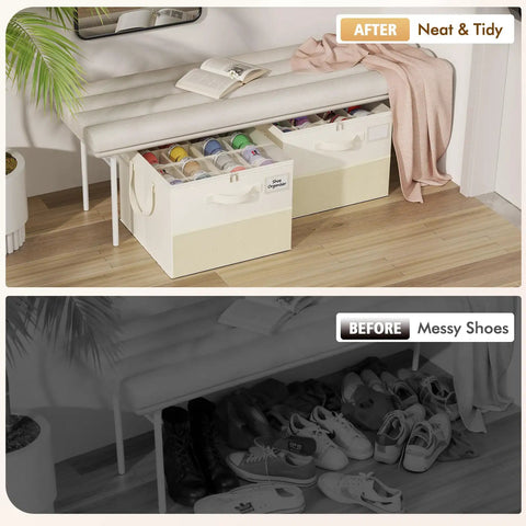 Plus Size 2 Pack Shoe Organizer For Closet Featuring Foldable Fabric Boxes Holds A Massive 24 Pairs Vertically in a neat setting