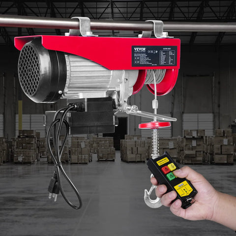 Front view: red VEVOR electric hoist with wireless remote, 110V, 440lb capacity, hook.