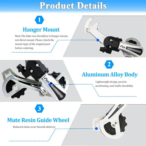 Product details of Rear Derailleur RD TY21B 6 And 7 Speed Replacement For Mountain Bikes, featuring hanger mount and alloy body.
