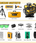 Auto Tracking 4D Laser Level With 16 Green Laser Lines, Motorized 360 Base For Solo Layouts, Precise Alignment, Quick Setup, Easy Targeting, Durable Build, Great For Pro Jobs package contents with tripod, receiver, bracket, case and accessories