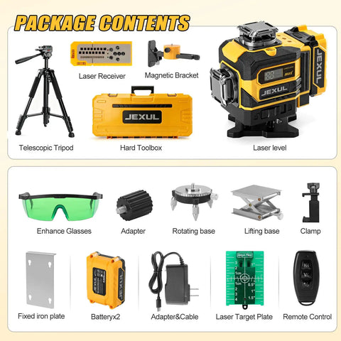 Auto Tracking 4D Laser Level With 16 Green Laser Lines, Motorized 360 Base For Solo Layouts, Precise Alignment, Quick Setup, Easy Targeting, Durable Build, Great For Pro Jobs package contents with tripod, receiver, bracket, case and accessories