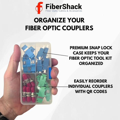 Fibershack fiber optic coupler kit in a clear snap-lock case with blue, green, and red connectors.