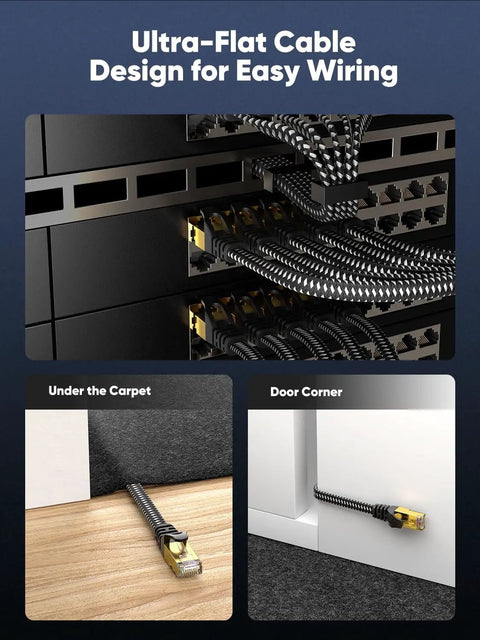 Cat 8 Ethernet Cable 20 Ft Flat, Ultra Fast 40Gbps 2000MHz, Braided SSTP Heavy Duty with Gold Plated RJ45 under carpet and door corner