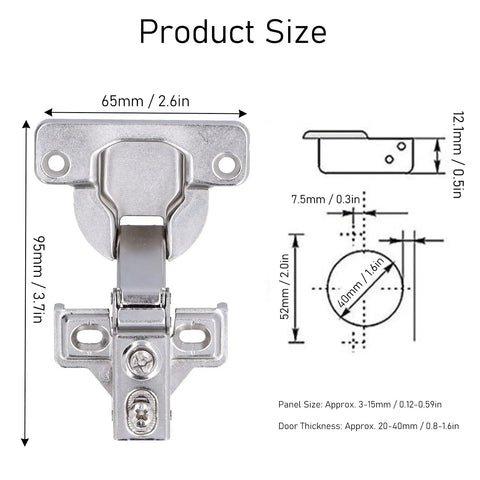 95 Degree Concealed Cabinet Hinges With Soft Close Easy Install product dimensions and technical drawing with measurements.