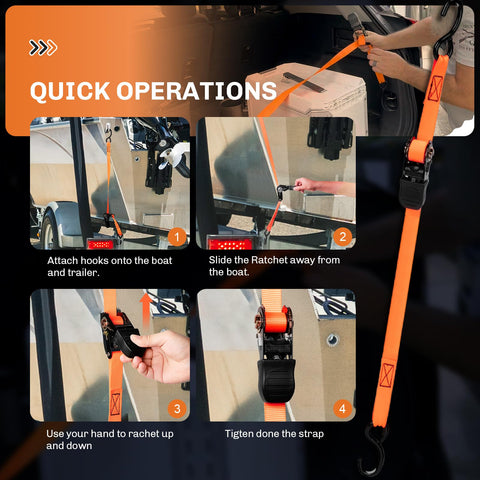 Boat Trailer Transom Tie Down Straps in use, showing quick operations with retractable ratchet and anti-scratch hooks, 2400 lb strength