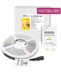 Warm White 3000K LED Strip Lights 32.8 Ft 24V Tape Light With Crazy Bright 240 Lumens Per Ft And 1200 LEDs Per Spool Ra 95 Plus IP30 Ideal For Under Cabinets Shelves And Accent Lighting UL Listed With 5 Year Warranty Power Supply Sold Separately shown with packaging and user guide.