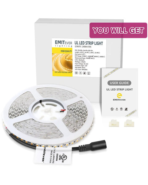 Warm White 3000K LED Strip Lights 32.8 Ft 24V Tape Light With Crazy Bright 240 Lumens Per Ft And 1200 LEDs Per Spool Ra 95 Plus IP30 Ideal For Under Cabinets Shelves And Accent Lighting UL Listed With 5 Year Warranty Power Supply Sold Separately shown with packaging and user guide.