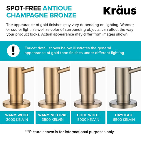 Spot Free Antique Champagne Bronze Kitchen Soap And Lotion Dispenser finish comparison under different lighting conditions