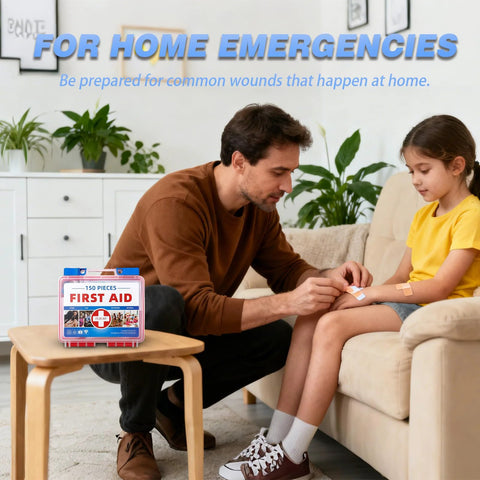 TLIEAO mini first aid kit, pink case with blue latches, 150 pieces, shown on table as man applies a bandage to a girl.