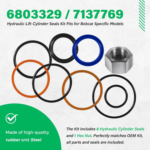 Beefed Up Heavy Duty Hydraulic Lift Cylinder Seals Kit 1 Pack 6803329 7137769 with 8 rubber seals and 1 steel hex nut for Bobcat.