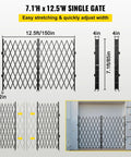 Heavy Duty Double Folding Security Gate Eighty Seven Inches Tall By One Hundred Fifty Inches Wide Built Like A Tank With Fourteen Gauge Steel And Black Powder Coat For Serious Perimeter Lock Down, showing dimensions and features.