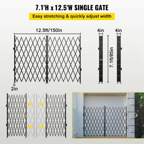 Heavy Duty Double Folding Security Gate Eighty Seven Inches Tall By One Hundred Fifty Inches Wide Built Like A Tank With Fourteen Gauge Steel And Black Powder Coat For Serious Perimeter Lock Down, showing dimensions and features.