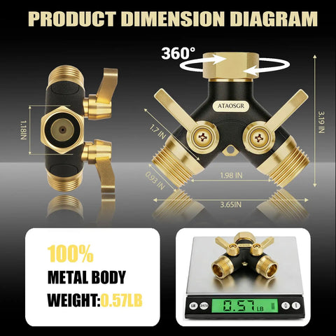 Heavy Duty Garden Hose Splitter 2 Way With Metal Body And Aluminum Build TPR Coated For Tough Outdoor Use UV Resistant Water Splitter No Fuss Easy Install Built To Last For Lawn And Garden Tasks. dimension diagram with 3/4 in GHT, 360° swivel, and 0.57 lb weight