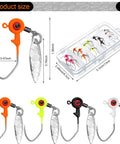 Dope 15 Piece Fishing Jig Heads With Spinner Hooks In Vibrant Mixed Hues Perfect For Crappie And Runner Bass Includes Solid Plastic Tackle Case 1/8 Oz Freshwater Tackle Kit with size details and 5-color display.