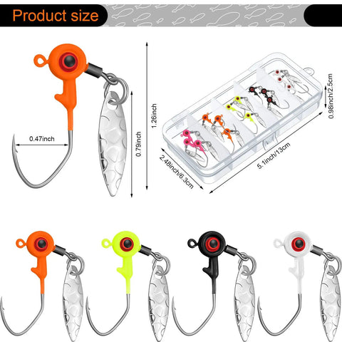 Dope 15 Piece Fishing Jig Heads With Spinner Hooks In Vibrant Mixed Hues Perfect For Crappie And Runner Bass Includes Solid Plastic Tackle Case 1/8 Oz Freshwater Tackle Kit with size details and 5-color display.