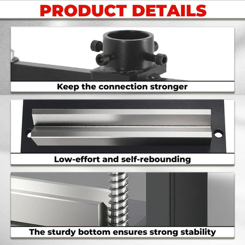 Detail view of 12-Inch Press Brake Attachment For 12-20 Ton Hydraulic Press with connection joint, metal bender, and stability features.