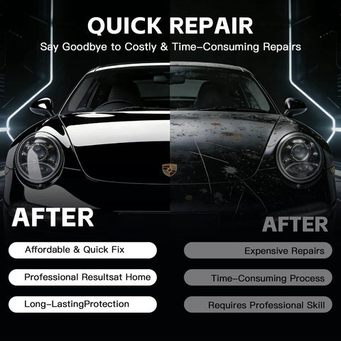 Car Scratch Repair Pen For All Cars, Quick Paint Fix That Covers Scratches And Scuffs shown with before and after results on a black car.