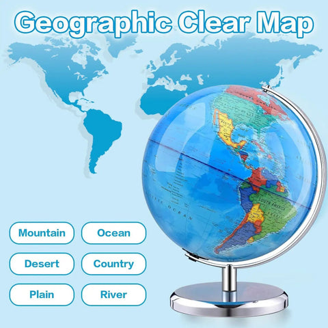 8 Inch Blue World Globe With Stainless Steel Stand, Rotating Earth Spinning Globe For Kids, Classroom Geography Learning Tool