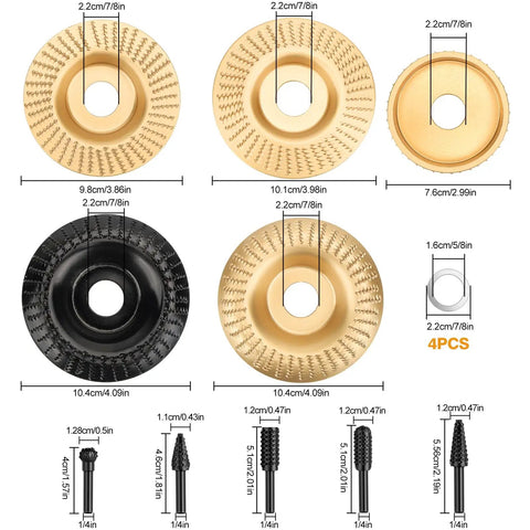 Ultimate Wood Carving Kit For Angle Grinder 14 Piece Set Includes 5 Carving Wheels 5 Rotary Burrs 4 Reducing Rings With 7 Eighths To 5 Eighths Inch Arbors Carbon Steel Grinding Discs For Fast Shaping Smoothing And Fine Detailing