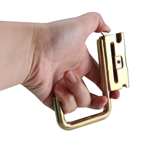 Hand holding 8 Piece Heavy Duty E Track Hooks Set J And L Style For Cargo Tie Downs In Trucks Trailers And Vans With Spring Fittings Rust Resistant Steel