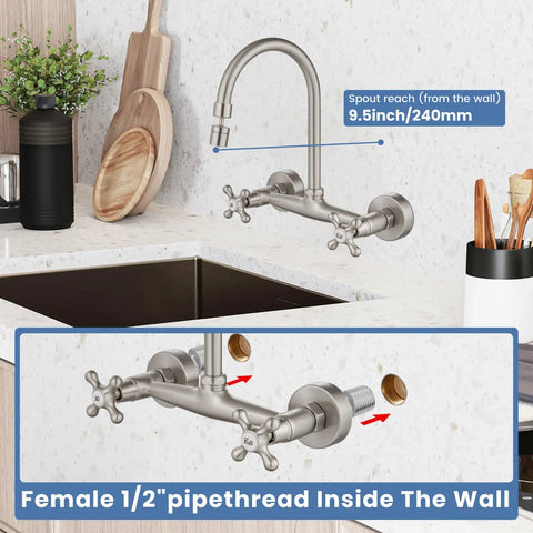 Wall Mount Kitchen Faucet With Sprayer And 360 Degree Swivel Spout Double Cross Handles Commercial Grade 8 Inch Center Brushed Nickel Finish Solid Brass Construction Heavy Duty Kitchen Sink Mixer Tap installed above a kitchen sink with visible wall mount features.