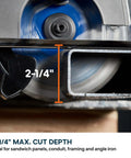 Close-up of 6 1/2 Inch Cordless Circular Saw With Kickass Cold Cut Design For Spark Free Steel Slicing, showing 2-1/4" cut depth.