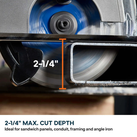Close-up of 6 1/2 Inch Cordless Circular Saw With Kickass Cold Cut Design For Spark Free Steel Slicing, showing 2-1/4" cut depth.