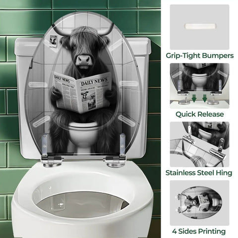 Elongated Resin Toilet Seat, Bathroom with cow design, fits standard toilets. Features stylish printing and quick release hinges.