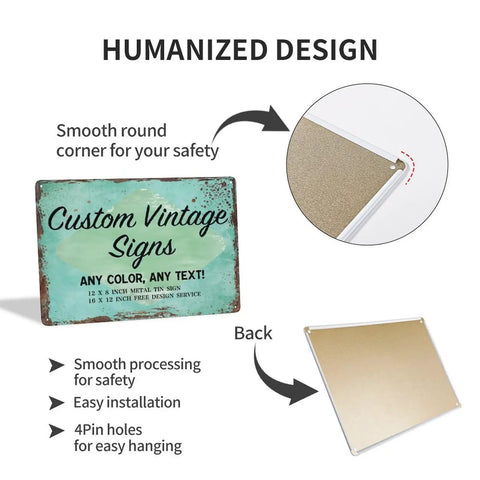 Customizable Metal Sign With Text Or Logo Made In USA, smooth round corners, front and back view, weatherproof metal plaque