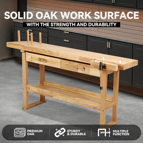 60 Inch Heavy Duty Wood Workbench With Storage, Adjustable Handle, 500 Lb Load Capacity, natural wood finish, shown in garage