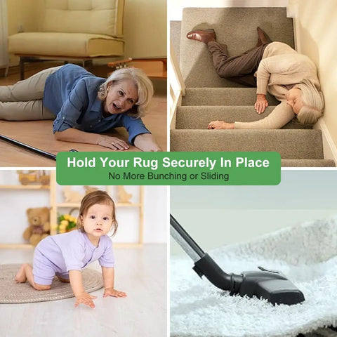 Collage showing 12 Pcs Grippers For Hardwood Floors, Double Sided Reusable Under Carpet Tape use with safe rugs and vacuuming.