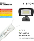 Diagram illustrating color adjustability of LED flood light with remote, showing various temperature options from 2700K to 5000K.