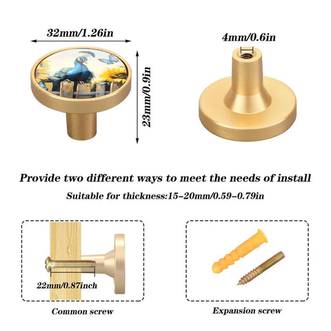 4 Pack Dope Peacock Fence Sunflower Cabinet Knobs And Pull Handles For Dresser Drawer Cupboard Furniture Decor Fashion Design Knobs Durable Zinc Alloy With Scratch Resistant Acrylic Finish And Gold Print Includes Two Screw Types showing dimensions and installation options.