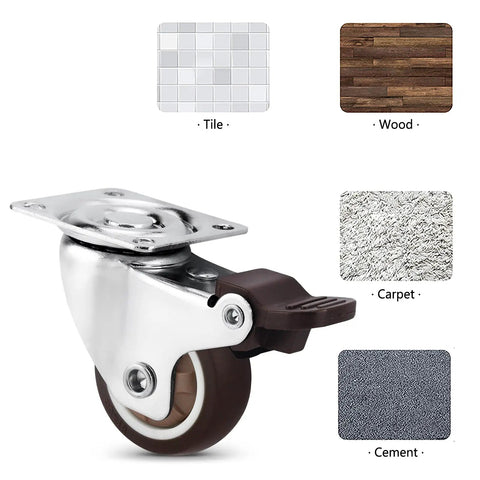 Smooth Riding Low Profile Rubber Casters mounted on a plate, ideal for tile, wood, carpet, or cement floors.