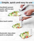 Handheld Vacuum Sealer For Food With 30 Reusable Bags, showing operation, sealing mixed vegetables in a bag on a countertop.
