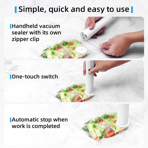 Handheld Vacuum Sealer For Food With 30 Reusable Bags, showing operation, sealing mixed vegetables in a bag on a countertop.