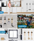 Heavy Duty Broom And Mop Holder Set 3 Piece Wall Mounted Tool Organizer Rack Stainless Steel Matte Black for kitchen and garden use.