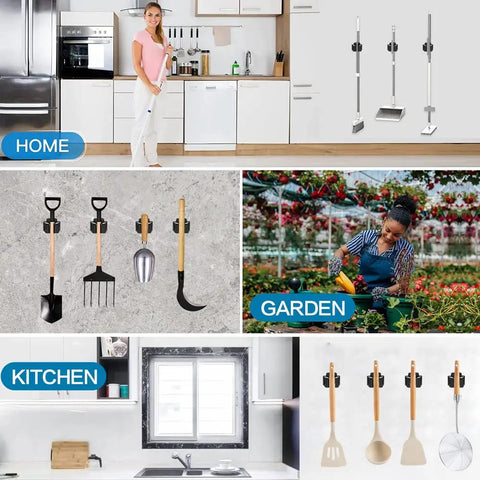 Heavy Duty Broom And Mop Holder Set 3 Piece Wall Mounted Tool Organizer Rack Stainless Steel Matte Black for kitchen and garden use.