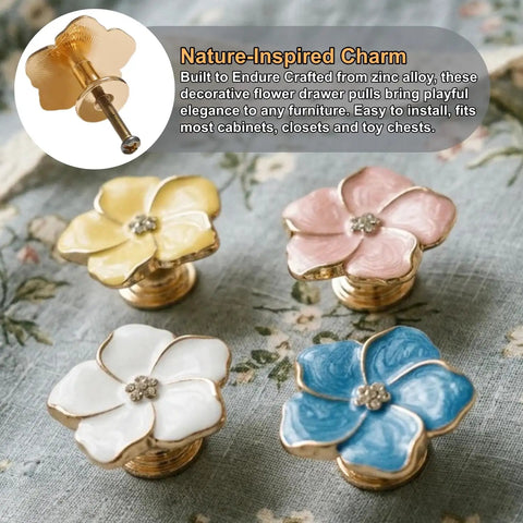 Legit Gorgeous Gold Floral Cabinet Knobs With Sparkling Rhinestone Center 5 Petal Pearlescent Enamel Dresser Pulls 4 colorful flower pulls.
