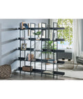 Five Tier Open Bookcase With Industrial Steel Frame And MDF Shelves Anti Tip Kit Adjustable Feet Wide Display in living room