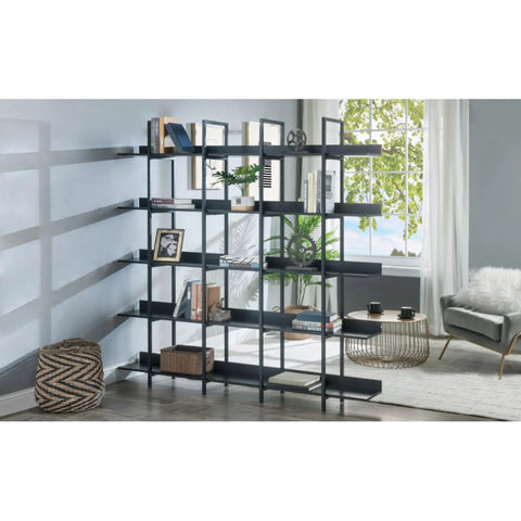 Five Tier Open Bookcase With Industrial Steel Frame And MDF Shelves Anti Tip Kit Adjustable Feet Wide Display in living room