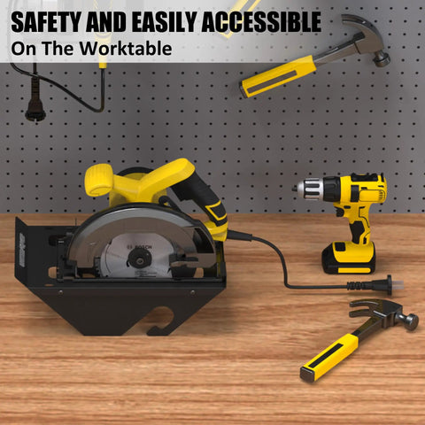 Premium Circular Saw Holder Wall Mount Organizer for Workshop Garage Shed and Home Space Saving Rack with tools on pegboard