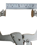 No Sweat Grip Locking C Clamp Pliers Set Of Four 11 Inch Swivel Jaw Welding Clamps with ruler measuring clamp jaws.
