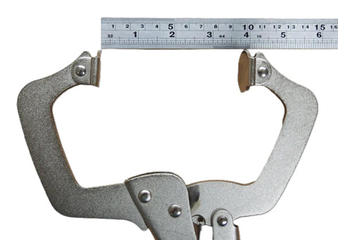 No Sweat Grip Locking C Clamp Pliers Set Of Four 11 Inch Swivel Jaw Welding Clamps with ruler measuring clamp jaws.
