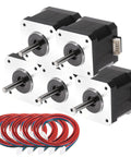 Four NEMA 17 stepper motors with silver front plates and black bodies, 42x42x40mm, with multi-colored cables.