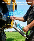Cordless 12000 PSI Electric Grease Gun Kit With Dual Batteries, 48 Inch Hose used on industrial machinery in a field setting