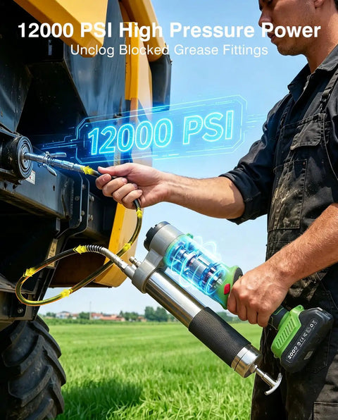 Cordless 12000 PSI Electric Grease Gun Kit With Dual Batteries, 48 Inch Hose used on industrial machinery in a field setting